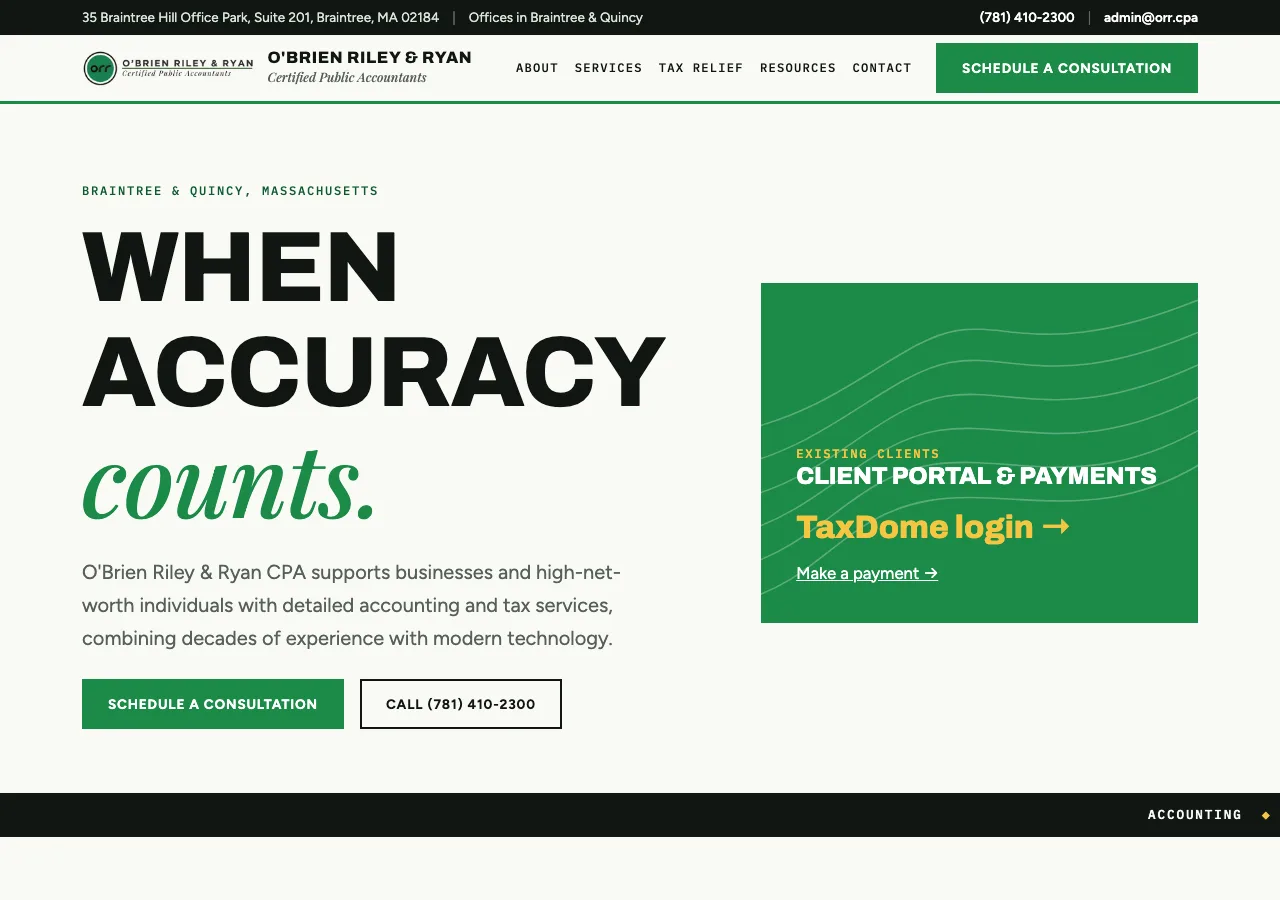 O'Brien Riley & Ryan CPA — new site by Wicked Fast Web